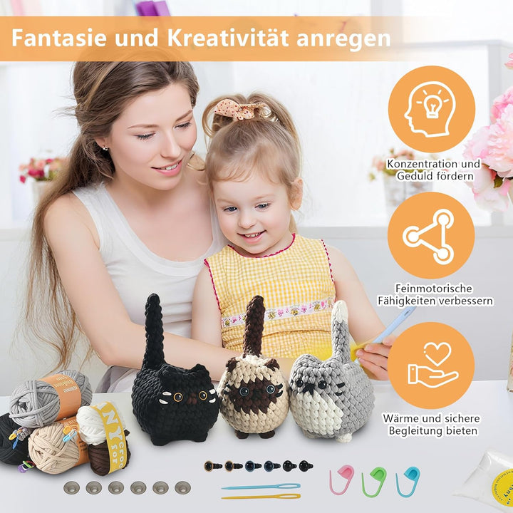 VZU Häkelset für Anfänger – 3 süsse Katzen, Komplettes Amigurumi Starter-Set mit Garn, Haken, Nadeln