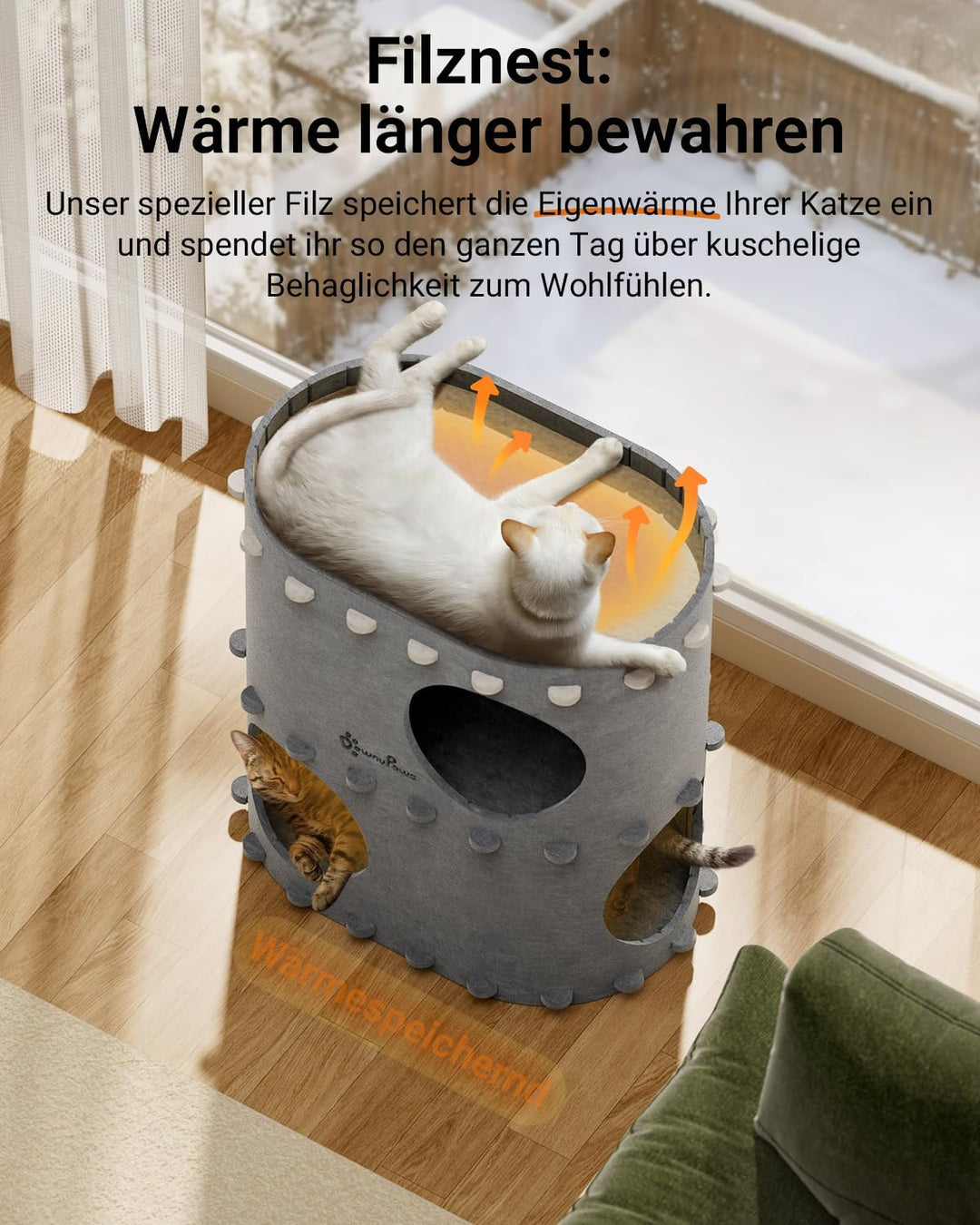 DownyPaws Katzenhöhle aus Filz, 2-stöckige Katzenbett, 50 x 33 x 50 cm Schloss Katzenhaus zum Spiele