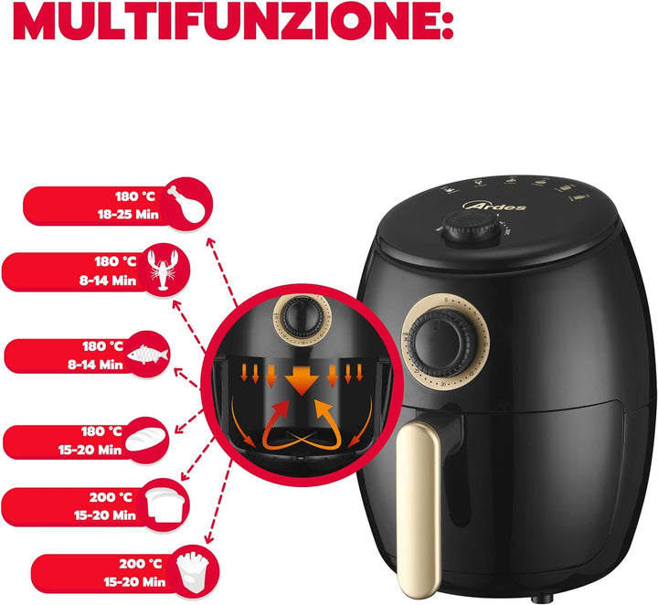 ARDES - Heissluftfritteuse 2 Liter Fassungsvermögen Air Fryer klein 30-Minuten-Timer Höchsttemperatu