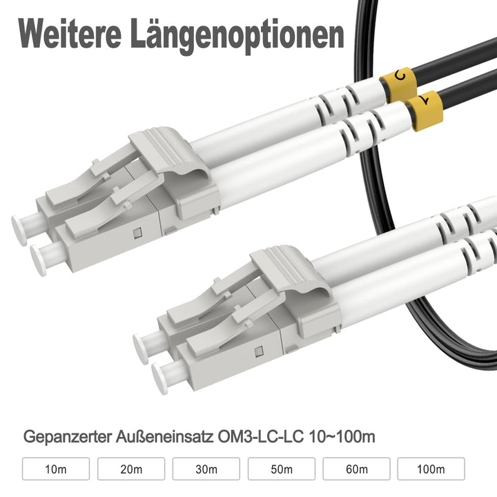 10m Gepanzerte Glasfaser-Kabel OM3 LC auf LC Duplex Multimode, LWL-Kabel für den Innen- und Aussenbe