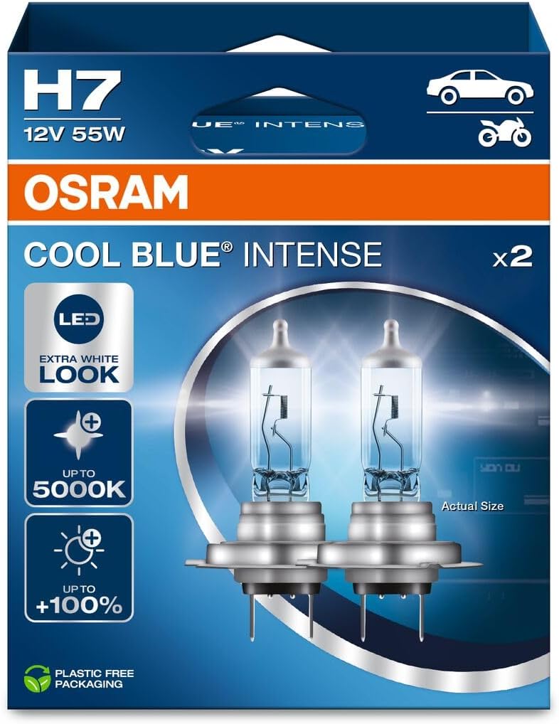Osram Cool Blue Intense H7, mit 100 Prozent mehr Helligkeit, bis zu 5.000K, Halogen-Scheinwerferlamp
