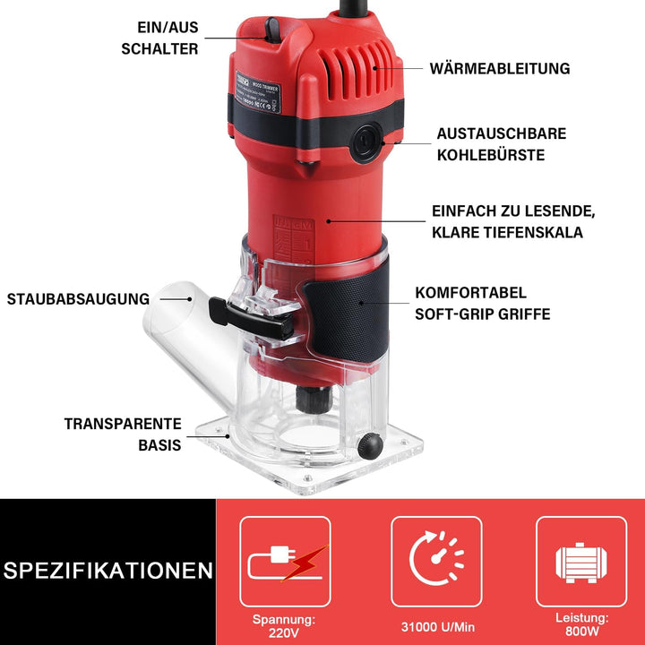 TEENO Holzfräse Oberfräse 800W 31000 U/min Mit Staubabsaugungsanschluss, Elektrik Kantenfräse Mit 15