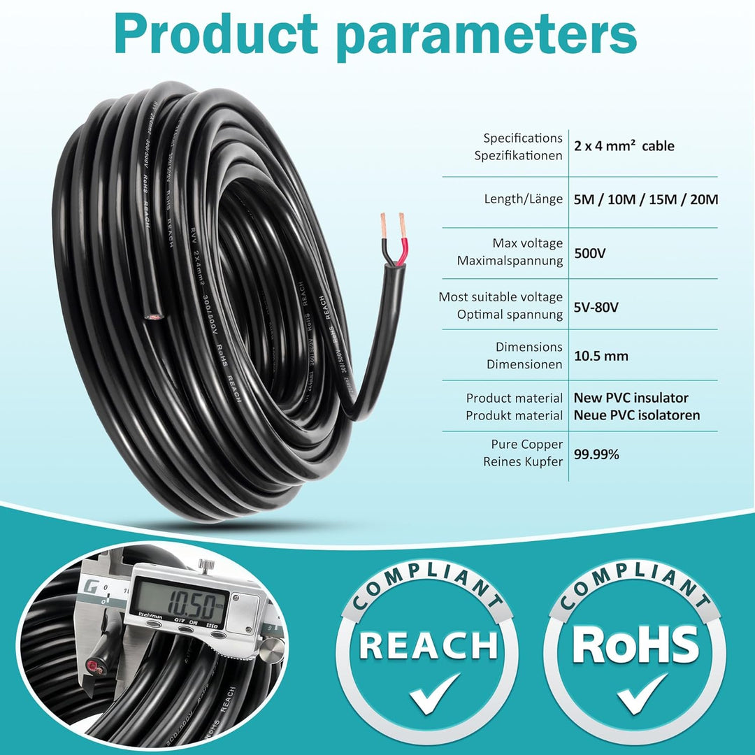 2 adriges Anhänger KFZ Kabel 2x4,0mm² - 5M Kupfer Fahrzeugleitung 12V/24V - Wasserfest Rundkabel für