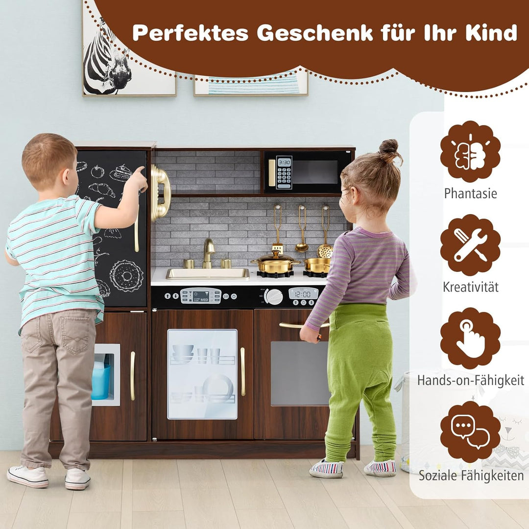COSTWAY Kinderküche mit 10 Spielzubehör, Spielküche Kinder mit Tafel, Spielzeugküche mit Mikrowelle