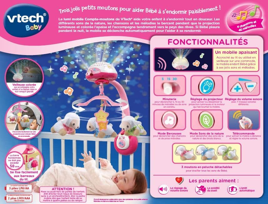 VTech - Lumi Mobile rosa Schafzähler, Mobile mit Musik, Babybett, Kinderwagen und Sitzschale mit Fer