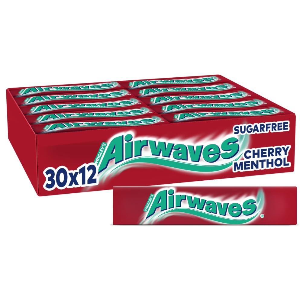 Airwaves Cherry Menthol, rot, zuckerfreier Kaugummi, fruchtige Minzfrische, 30 Packungen x 12 Dragee
