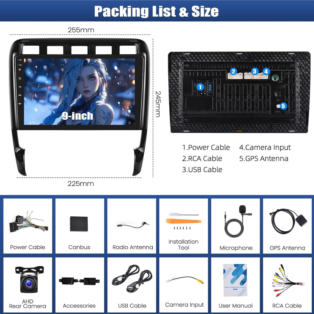CAMECHO Autoradio für Porsche Cayenne 2002-2010, 2+64G Android 13 Radio mit Rückfahrkamera, 9 Zoll W