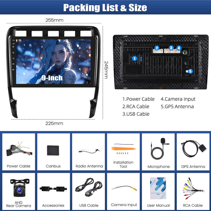 CAMECHO Autoradio für Porsche Cayenne 2002-2010, 2+64G Android 13 Radio mit Rückfahrkamera, 9 Zoll W