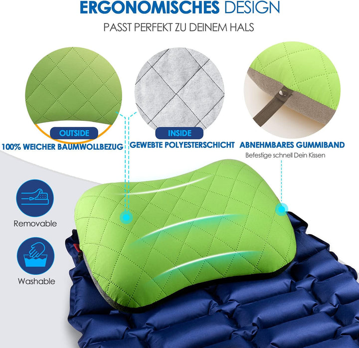 HIKENTURE Aufblasbares Camping/Reise Kissen mit Abziehbarem Kissenbezug, Ergonomisches Kopfkissen, K
