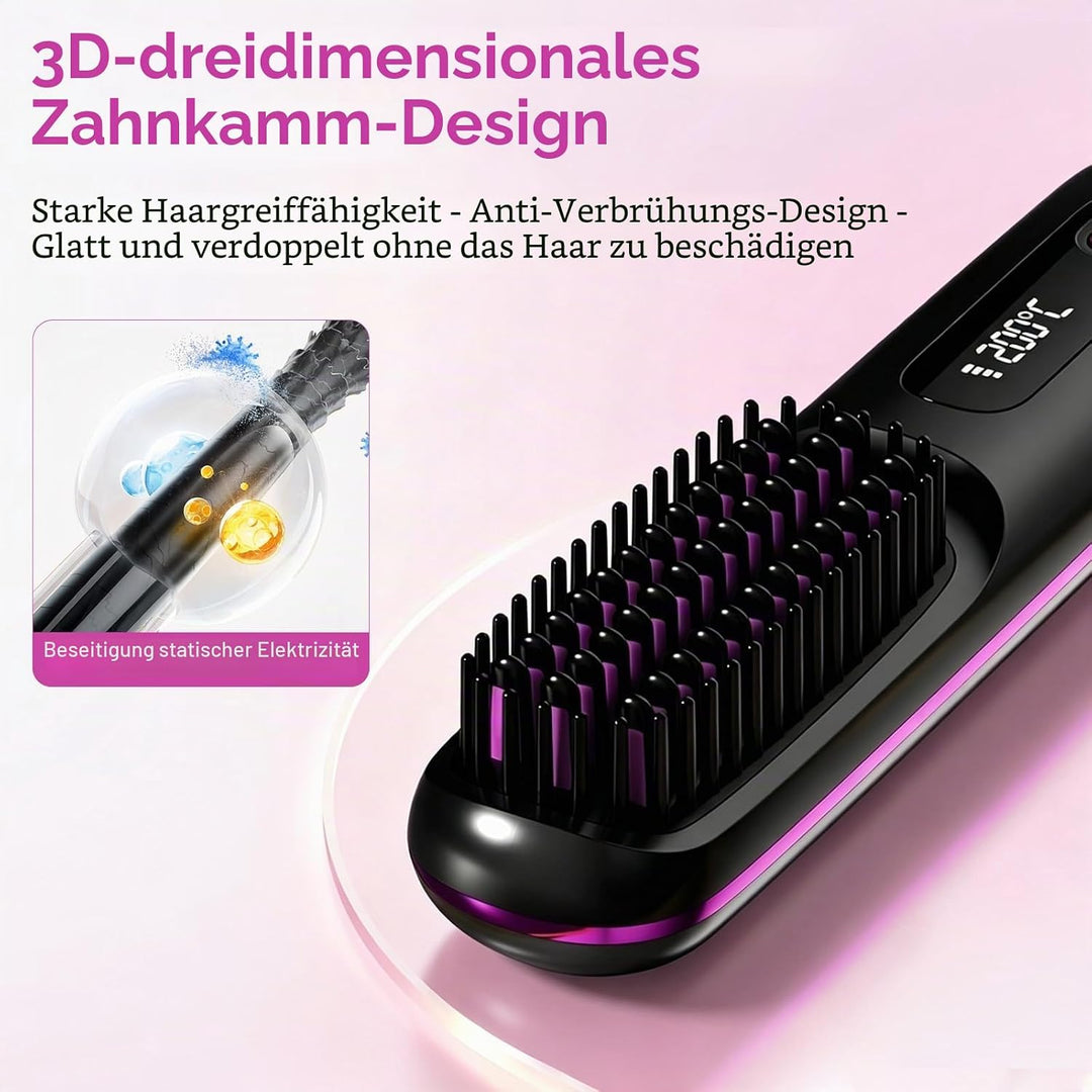 2026 Stylingbürste für kurze Haare Kabellos, LCD Display Glättungsbürste mit 3 Temp-Stufen (160-200°
