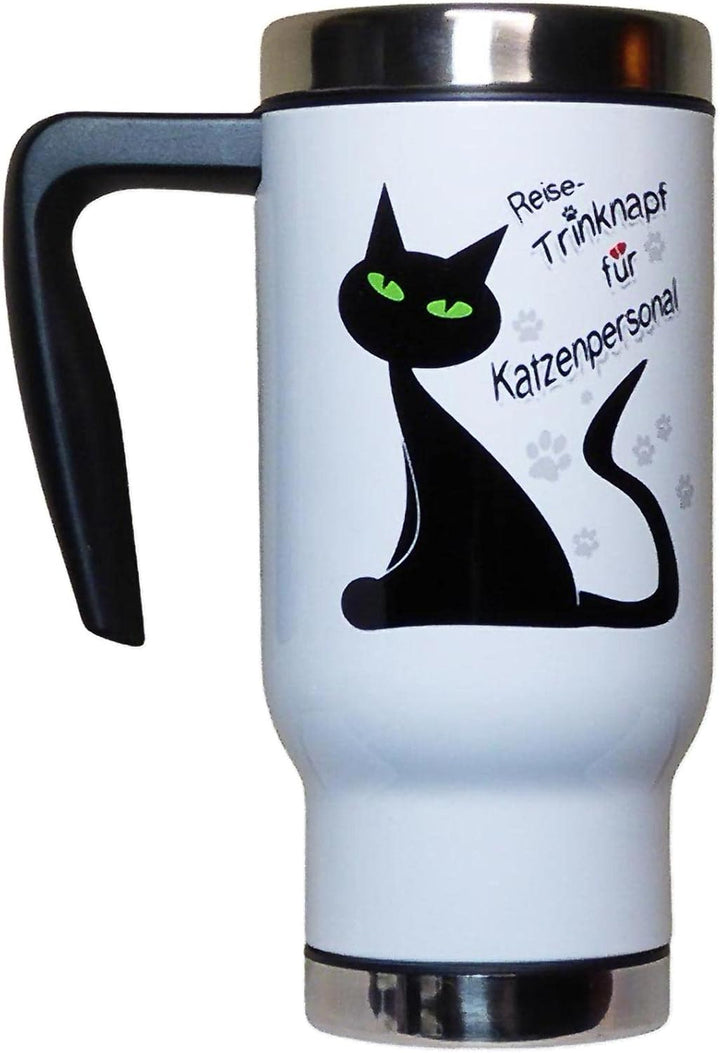 lustiger Thermobecher mit Katzen-Motiv und Spruch 'Reise Trinknapf für Katzenpersonal' Isolierbecher