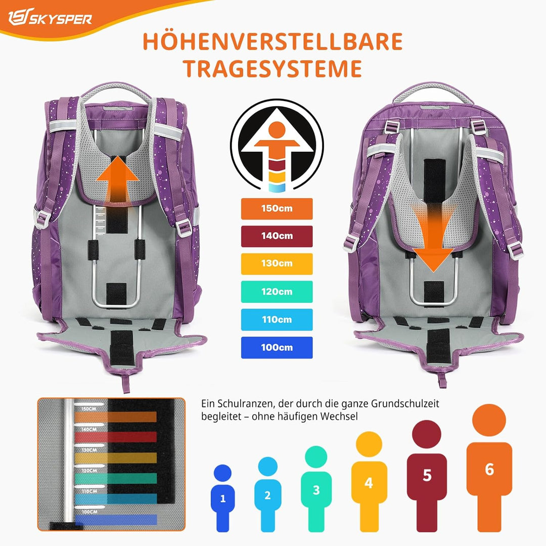 SKYSPER Schulranzen-Set 5-teilig, Schulrucksack Ergonomischer Tragesystem 16L Schulranzen mit 360° R
