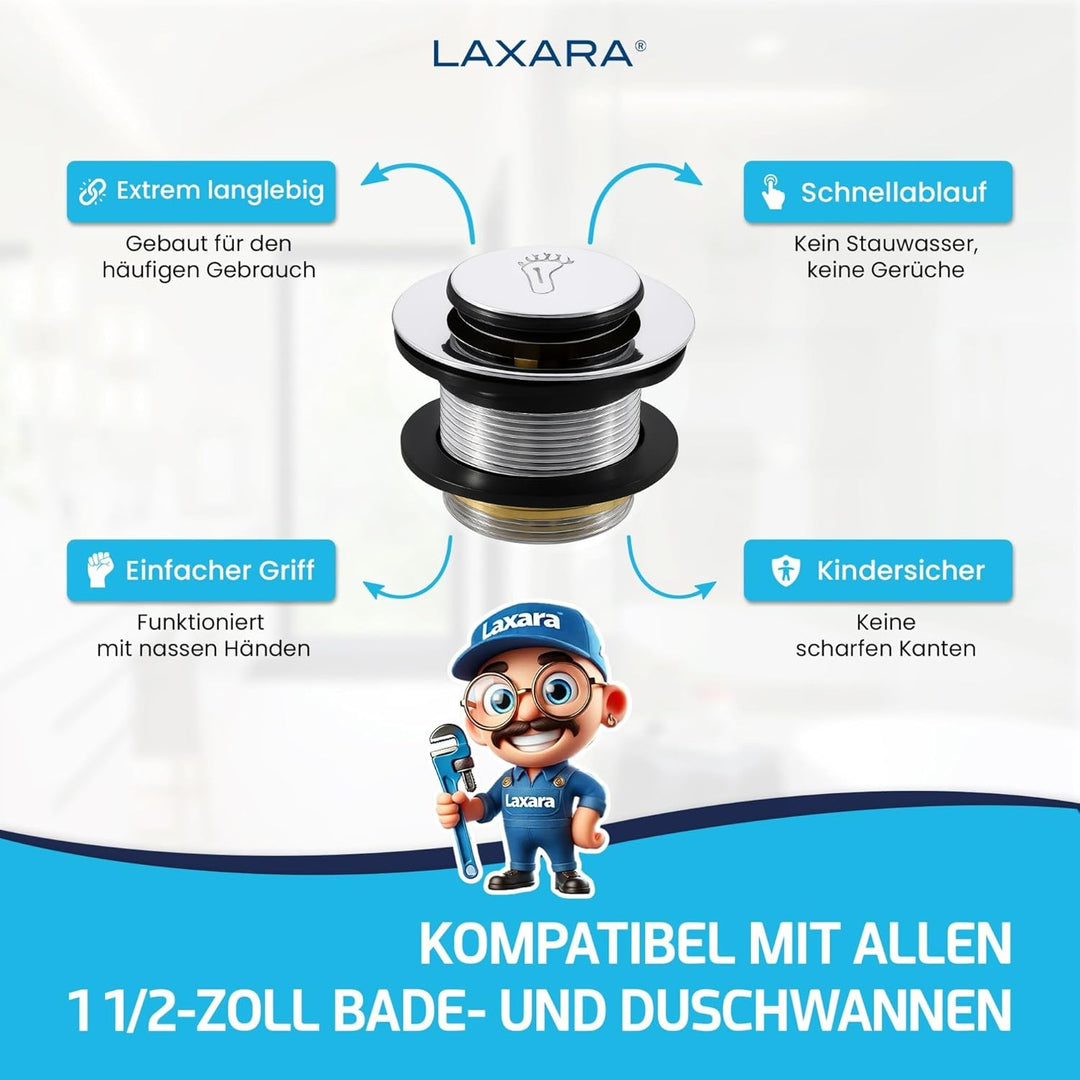 Ablaufgarnitur für Badewanne & Duschwanne 1 1/2 Zoll – Click Clack/Pop-Up Ventil aus Messing Chrom –
