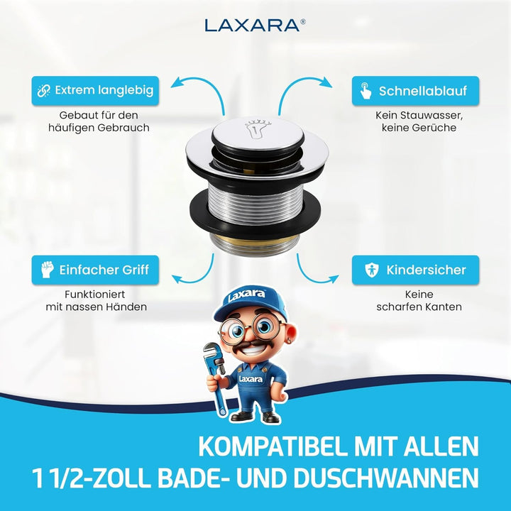 Ablaufgarnitur für Badewanne & Duschwanne 1 1/2 Zoll – Click Clack/Pop-Up Ventil aus Messing Chrom –
