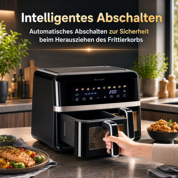 Rosenstein & Söhne Fritteuse: Dual-Heissluftfritteuse, 2 Schubladen mit Sichtfenster, 10 Programme (