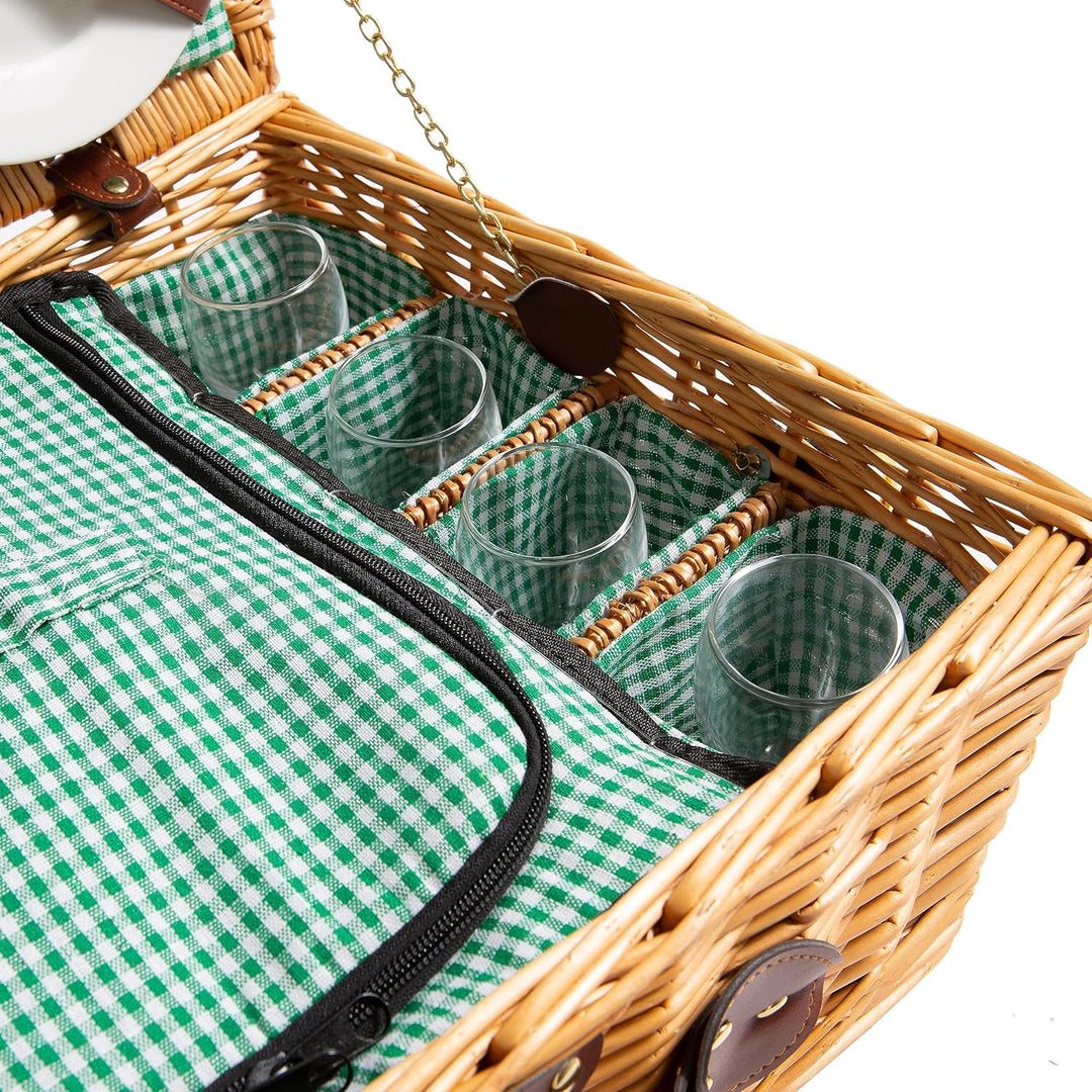 Picknickkorb 4 Personen Grün mit Kühlfach & Schultergurt – Picknicktasche Naturweide inkl. Teller Gl