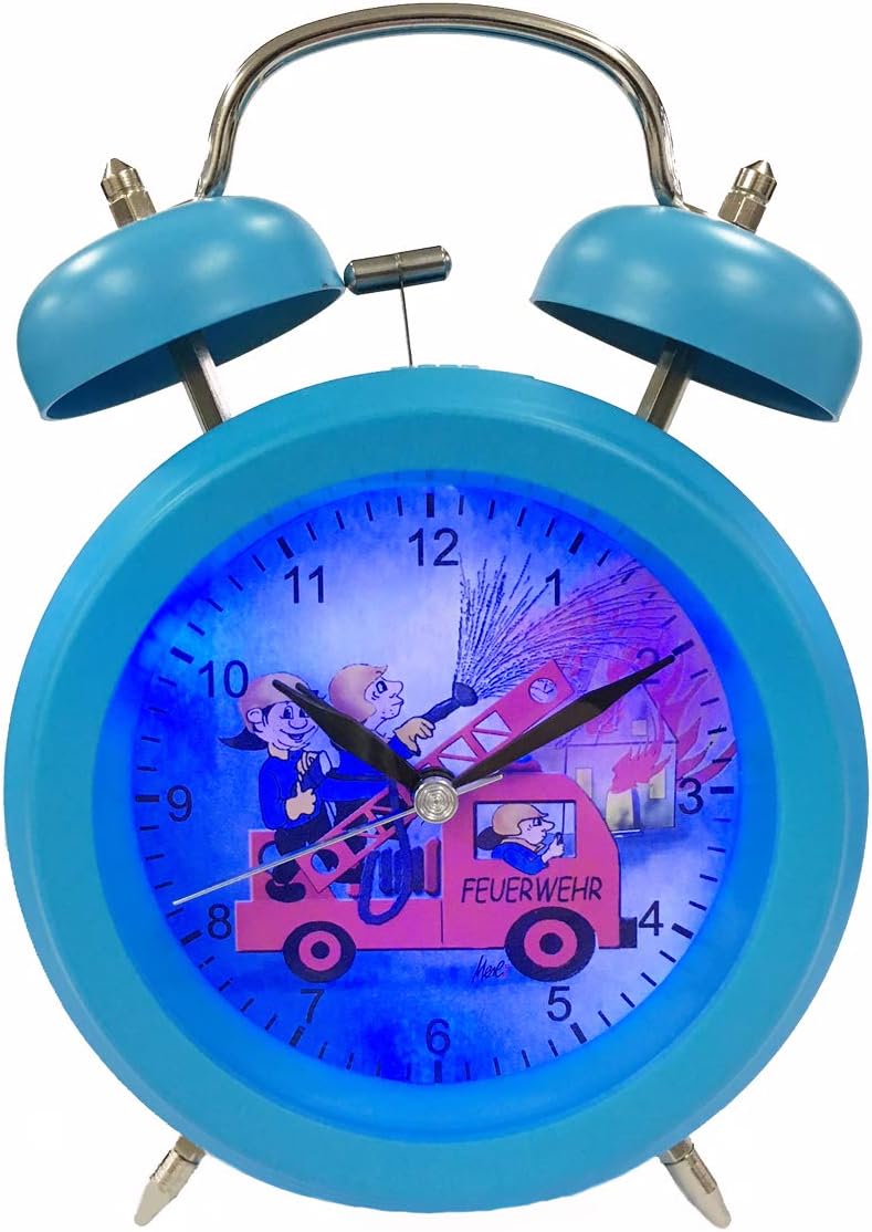 Eurotime Analog Wecker mit Glocke und Feuerwehr-Motiv, kein Ticken, schleichende Sekunde Modell 2207