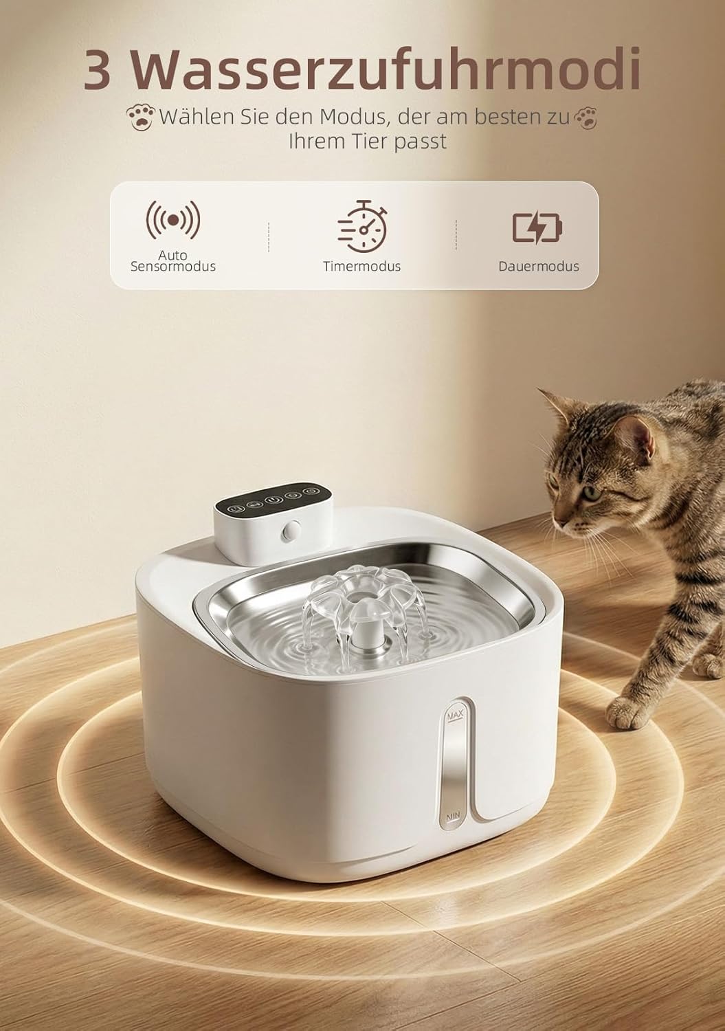 Katzenbrunnen Kabellos mit Bewegungsmelder 3.2L, 4000mAh Akku Trinkbrunnen für Katzen Edelstahl, Ult