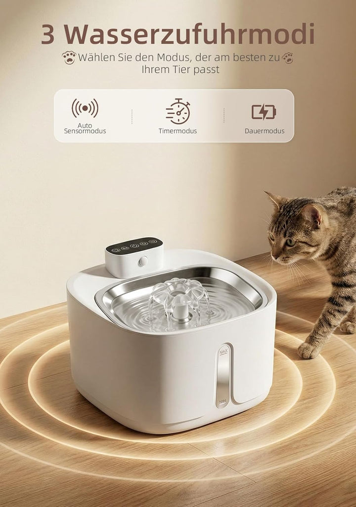 Katzenbrunnen Kabellos mit Bewegungsmelder 3.2L, 4000mAh Akku Trinkbrunnen für Katzen Edelstahl, Ult