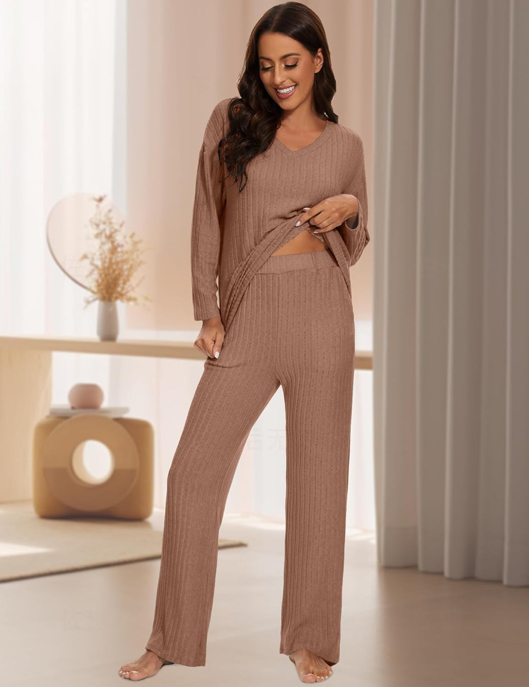 Schlafanzug Damen Lang Zweiteiler Nachtwäsche Warm Pyjama Set mit V-Ausschnitt Top und Hosen mit Tas
