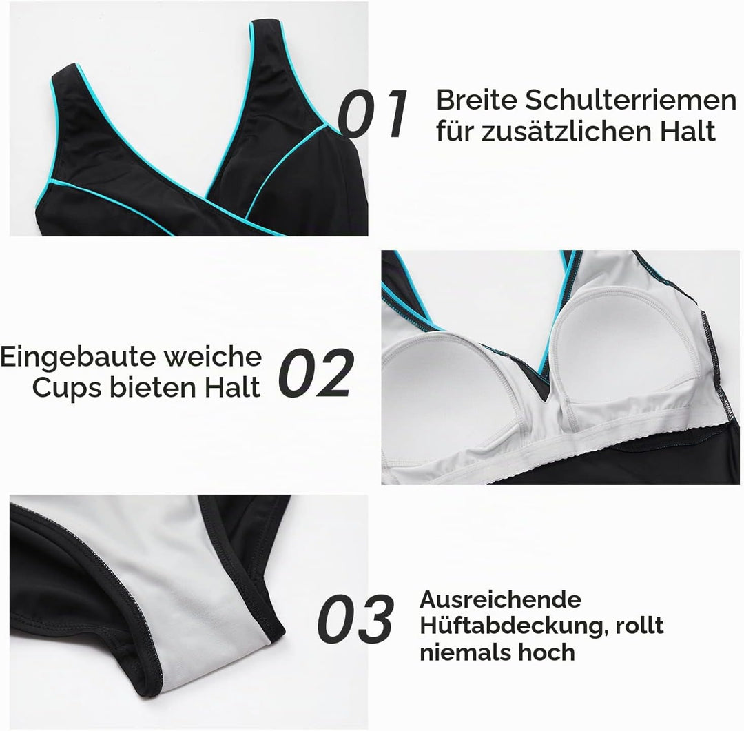 DELIMIRA Damen Badeanzug Bauchweg Grosse Grössen V Ausschnitt Gepolsterte Einteiler Bademode, 38 Meh