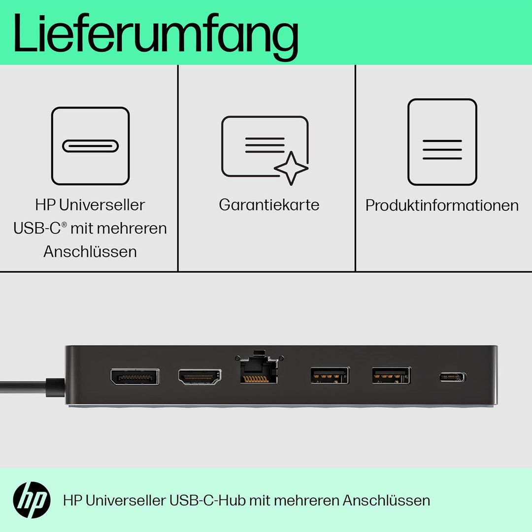 HP USB-C-Multiport-Hub 7-in-1, 1x HDMI 2.0, 1 x DisplayPort 1.2, 2 x USB-A, 1 x USB-C, 1 x USB-C -Pa