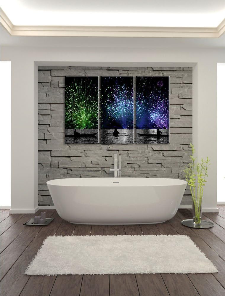 Pixxprint Feuerwerk auf dem Wasser / 3-Teilig/Gesamtmass 120cm Leinwandbild bespannt auf Holzrahmen/