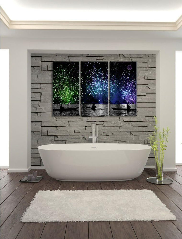 Pixxprint Feuerwerk auf dem Wasser / 3-Teilig/Gesamtmass 120cm Leinwandbild bespannt auf Holzrahmen/
