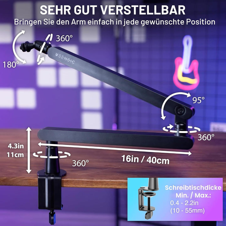 SENSIC SA-30 LP Low Profile Mikrofonständer Tisch mit 360° drehbarem Mikrofonarm, für Streaming mit
