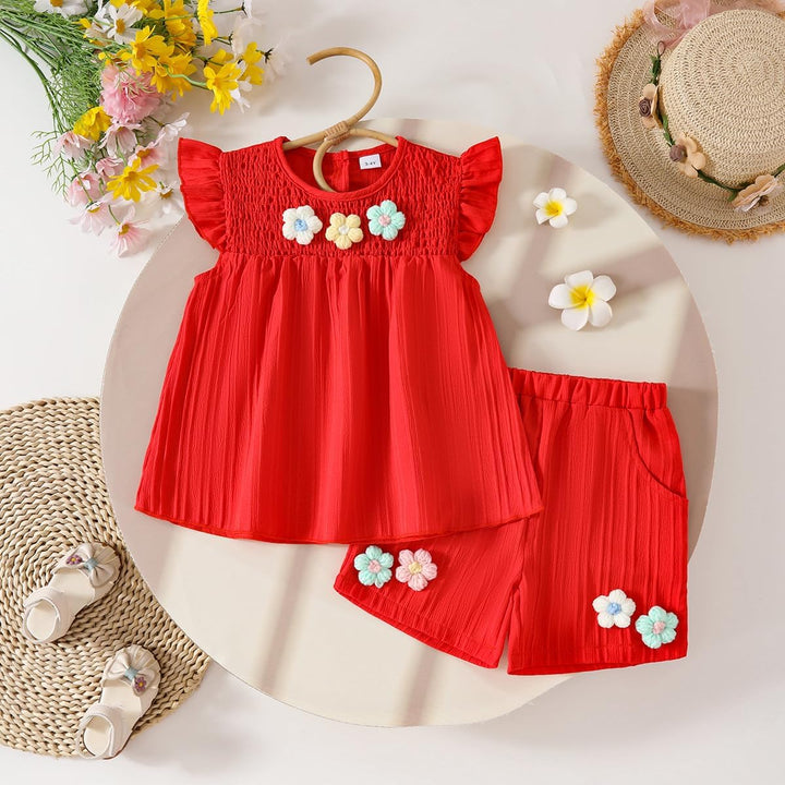 Kleinkind Baby Mädchen Kleidung Blumen Rüschen T-Shirts Tops Shorts Süsse Sommer Kleidung Sets 9M-4