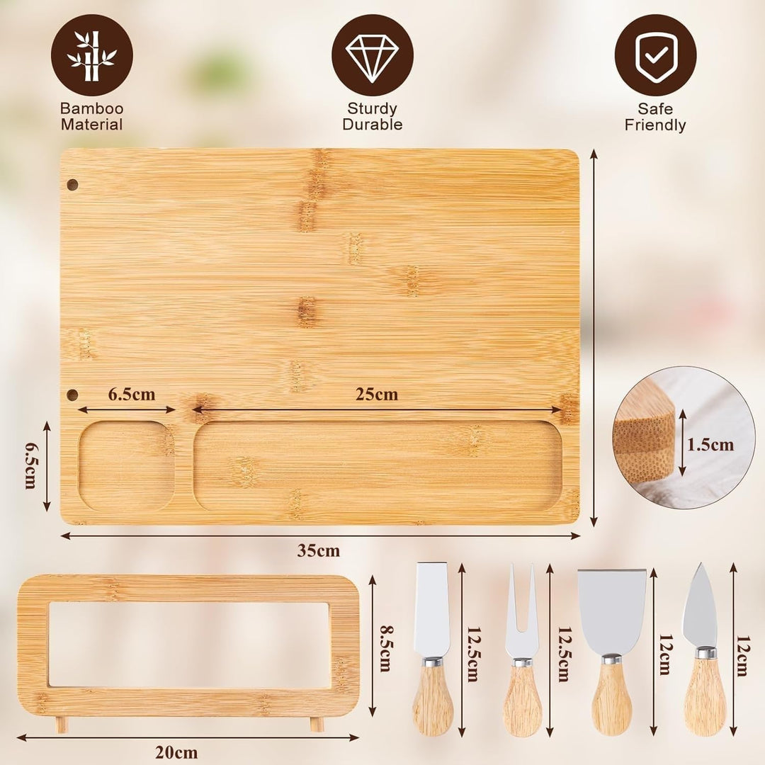 LATERN Bambus Käsebrett Set, 35CM x 27CM Holz Wurstplatte Käseplatte Cheese Charcuterie Board mit 4