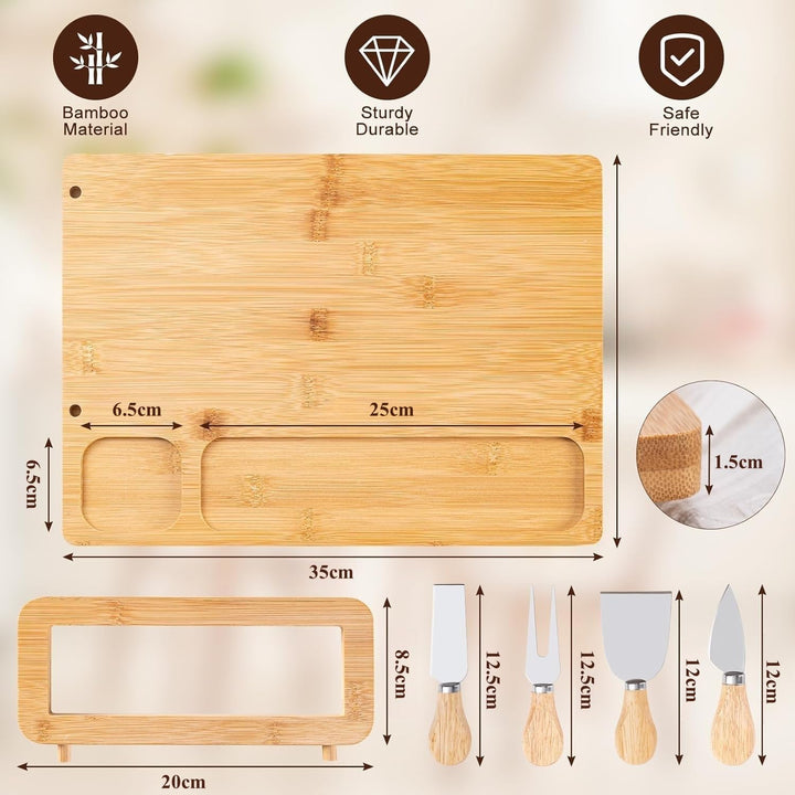 LATERN Bambus Käsebrett Set, 35CM x 27CM Holz Wurstplatte Käseplatte Cheese Charcuterie Board mit 4