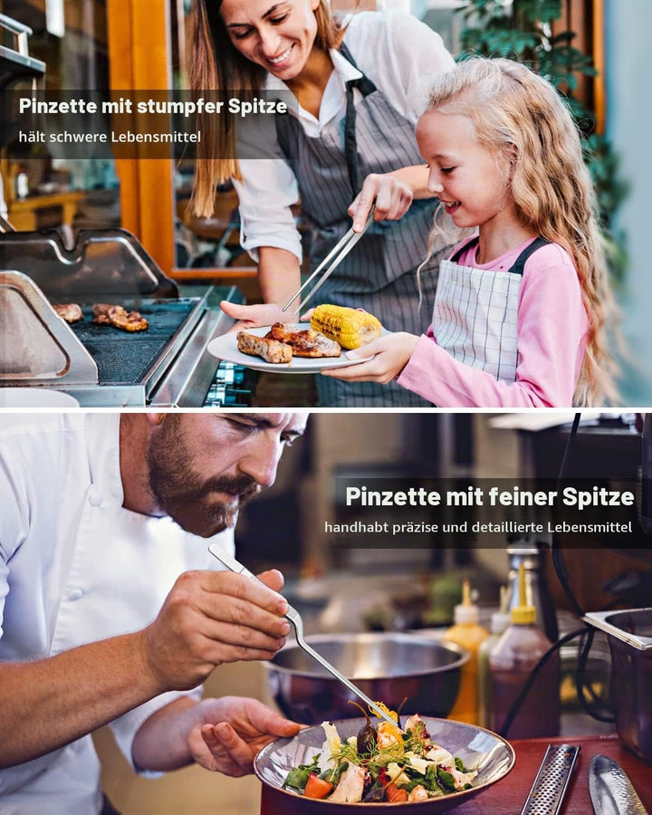 25cm Kochpinzette und Offset-Pinzette Set, Zange Präzisionsgezahnte Spitzen, Edelstahl Professional