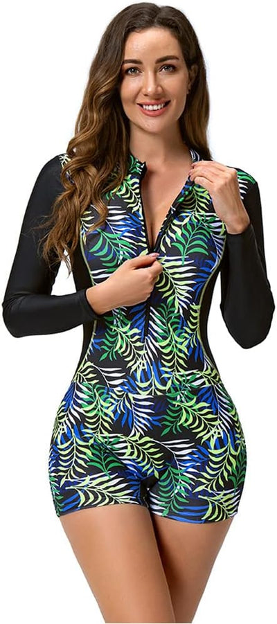 FYMNSI Damen Surfanzug Badeanzug mit Bein Reissverschluss Einteiler Rashguard UPF 50+ Bademode Surfe