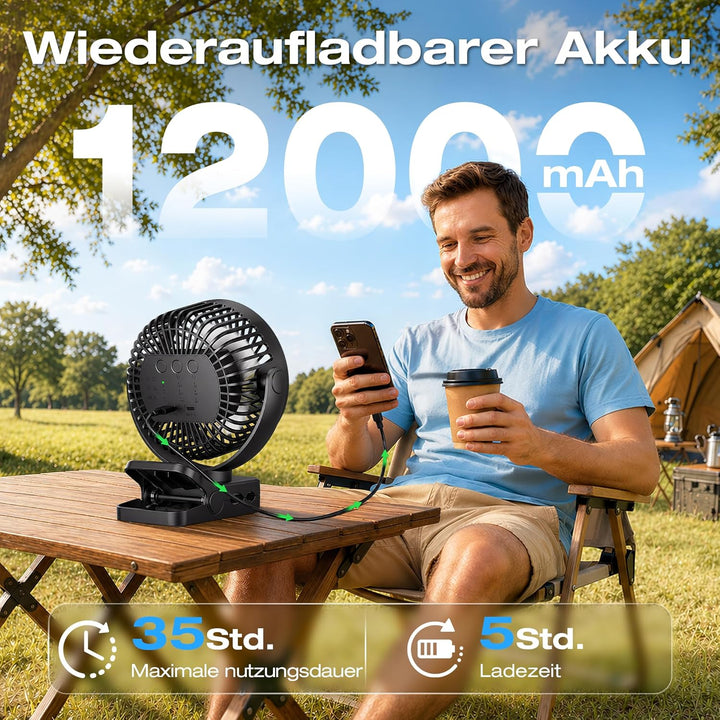 USB Ventilator 12000mAh Akku Tischventilator mit Fernbedienung & Magnetfuss, 3 Stufen, LED Licht, Ti