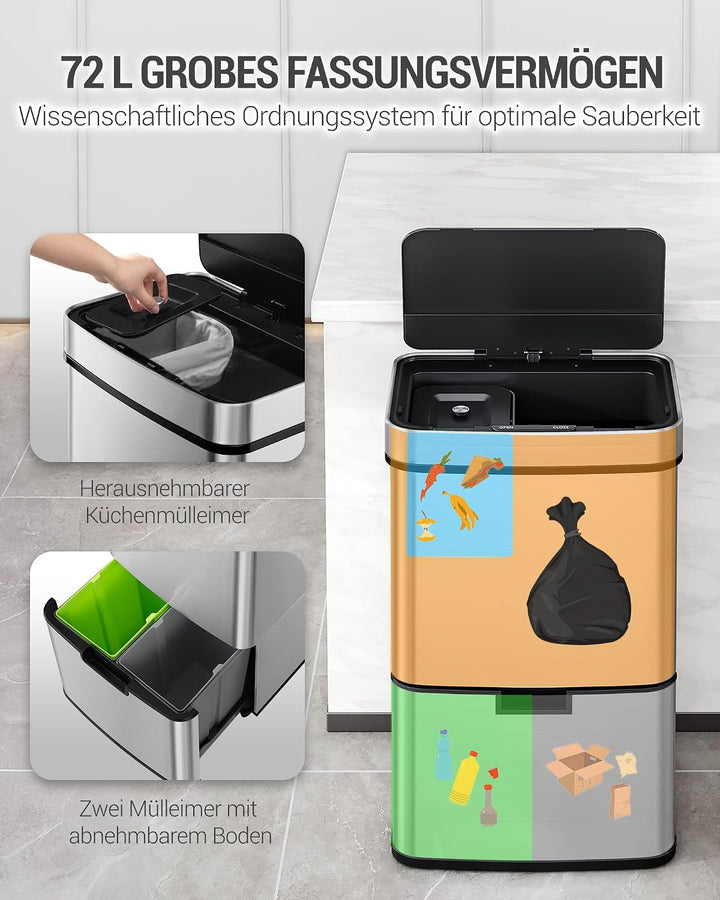 Hzuaneri Sensor Küchen Mülleimer 72 L, Automatischer Abfalleimer mit 3+1 Fächer, Mülltrennsystem, Mü