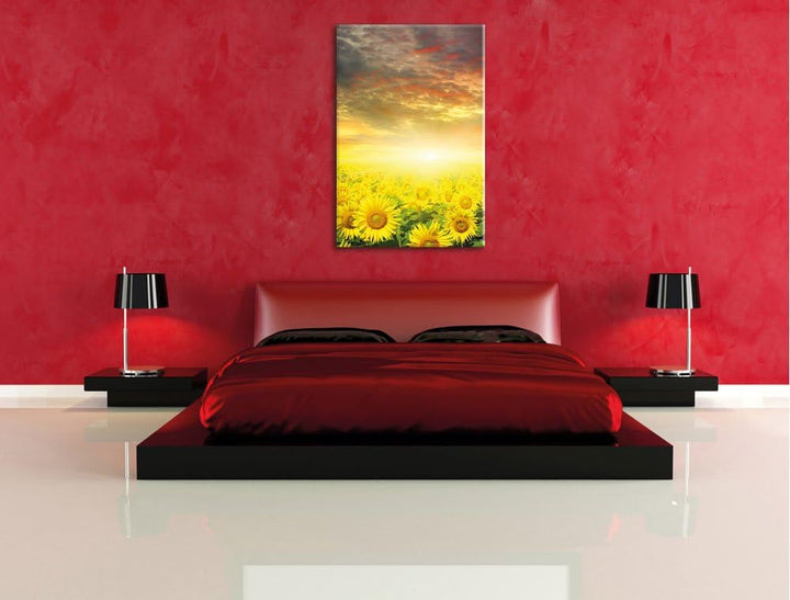 Sonnenblumenfeld, Format: 100x70 auf Leinwand, XXL riesige Bilder fertig gerahmt mit Keilrahmen, Kun