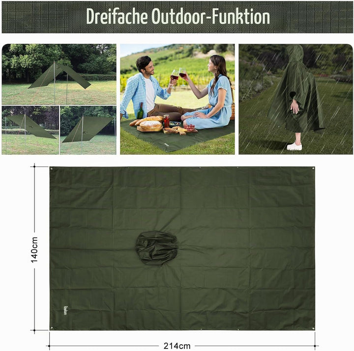 Azeekoom Regenjacke Regenponcho, Regenmantel Wasserdicht Unisex Camping Zelt Campingdecke 3 in 1 Mul