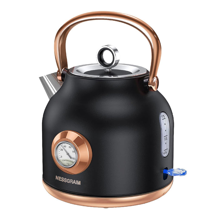NESSGRAIM Retro Wasserkocher, 1,7 l Edelstahl-Teekessel mit Grosser Temperaturanzeige, 2200W Schnell
