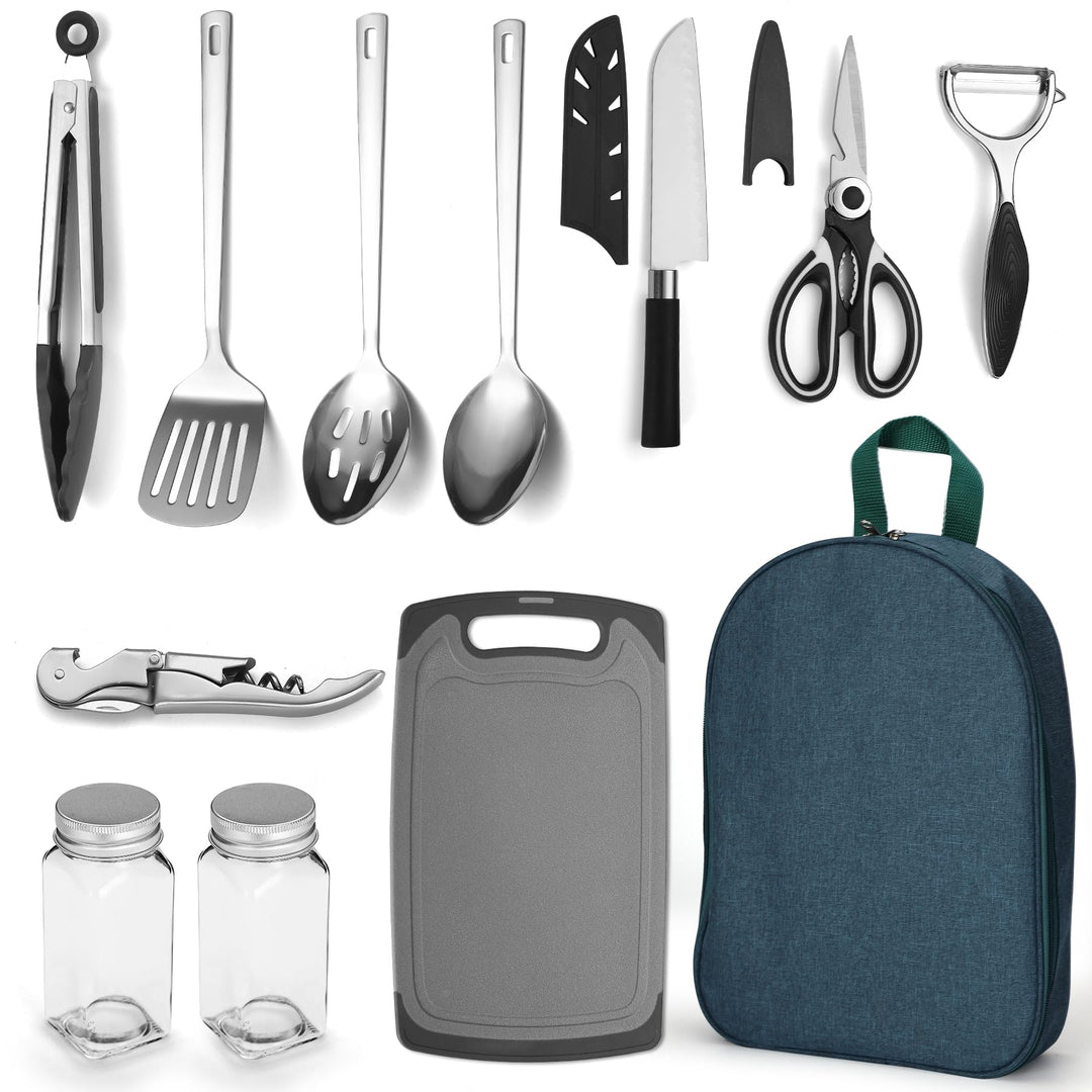 Evanda Camping Kochgeräte Set 10 Stück, Edelstahl Outdoor Kochen und Grillen Utensil Organizer Trave