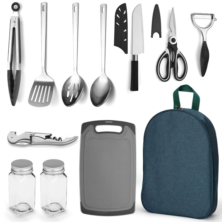 Evanda Camping Kochgeräte Set 10 Stück, Edelstahl Outdoor Kochen und Grillen Utensil Organizer Trave