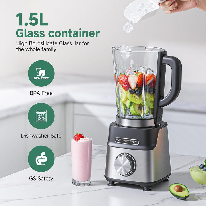 AMZCHEF Standmixer 1200W, 1,5L hitzebeständiger Glasbehälter, 5 Geschwindigkeiten + Smoothie/Ice-Cru