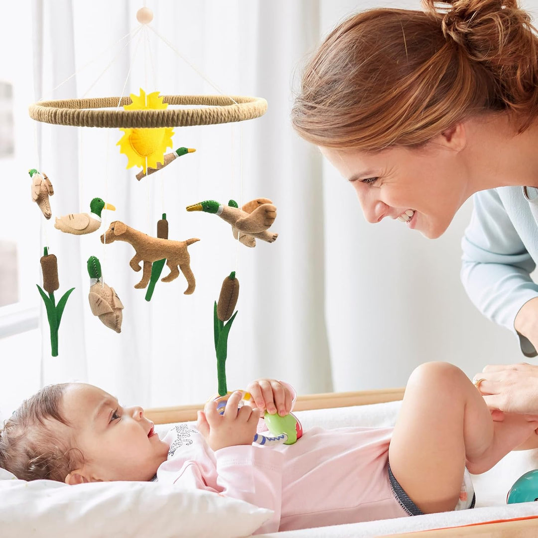 Mobile Baby, 3D Dackel Hund Mobile Babybett Holz mit Filz Schilf Ente und Sonne Handgemachtes Bettgl