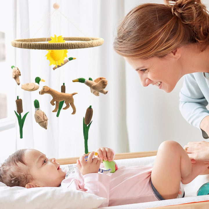 Mobile Baby, 3D Dackel Hund Mobile Babybett Holz mit Filz Schilf Ente und Sonne Handgemachtes Bettgl