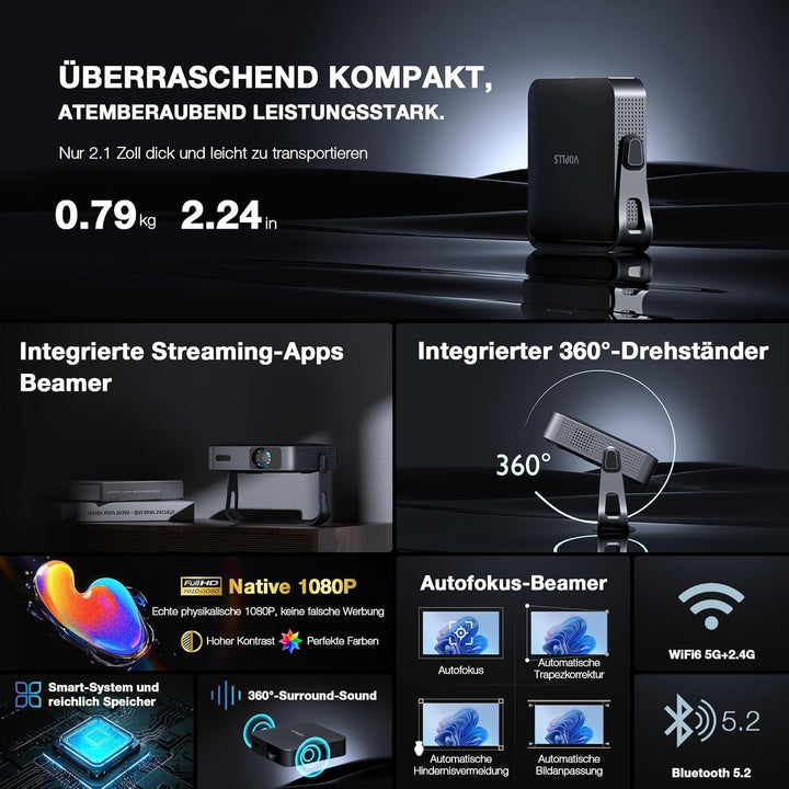 Smart Beamer【800ANSI ＆ Offizielle App】 Mini Projektor mit Autofokus ＆ Trapezkorrektur, VOPLLS Full H