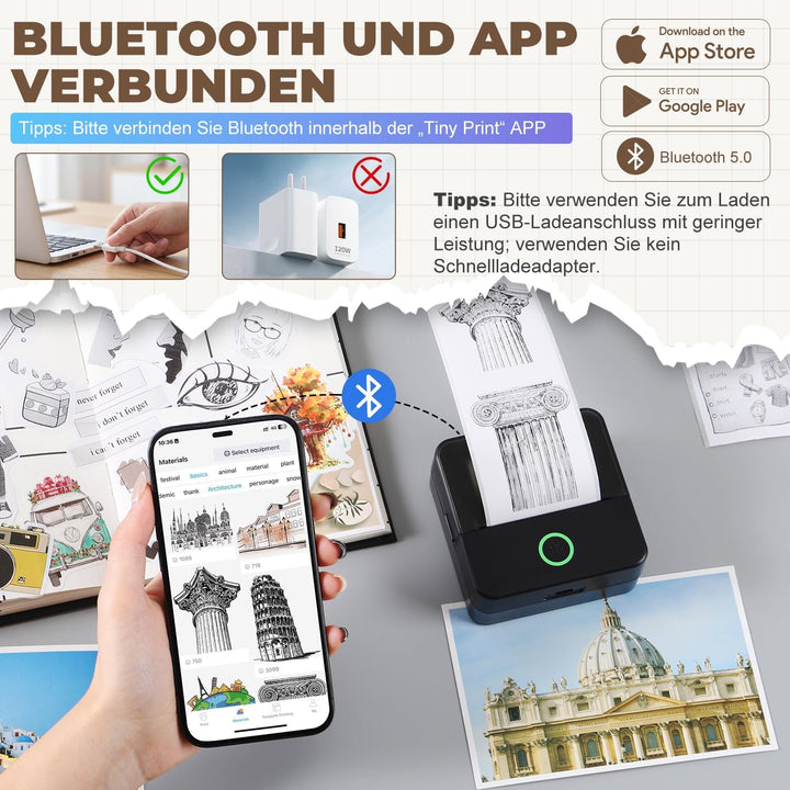 PRAOAHEI Mini Drucker, Tragbarer Thermodrucker mit 10 Rollen Druckerpapier | Bluetooth Etikettendruc