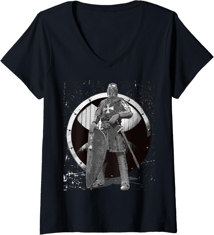 Damen Deus Vult Gott Will Es Templer Kreuzzug Mittelalter Ritter T-Shirt mit V-Ausschnitt