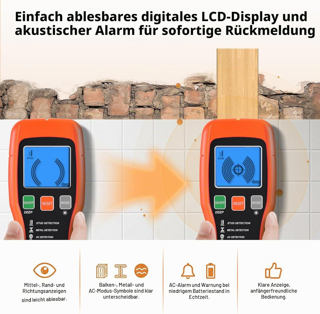 7-in-1 Leitungssuchgerät Leitungssucher Wandscanner mit 3 Holz-Modi, Metall,AC,Wasserwaage + Nail Fi