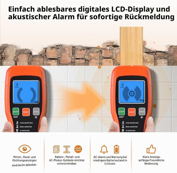 7-in-1 Leitungssuchgerät Leitungssucher Wandscanner mit 3 Holz-Modi, Metall,AC,Wasserwaage + Nail Fi