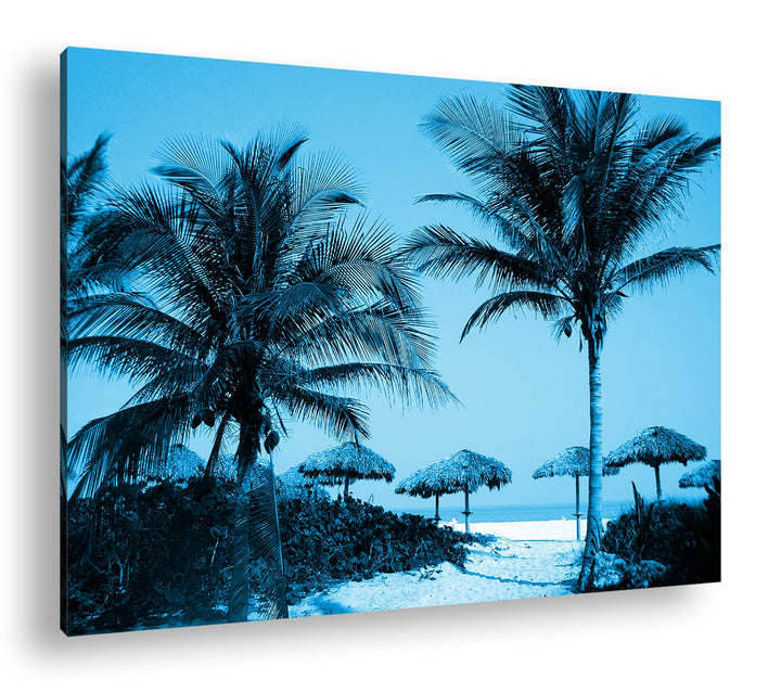 deyoli exotischer Palmenstrand Format: 60x40 Effekt: Monocrome Blau als Leinwand, Motiv fertig gerah